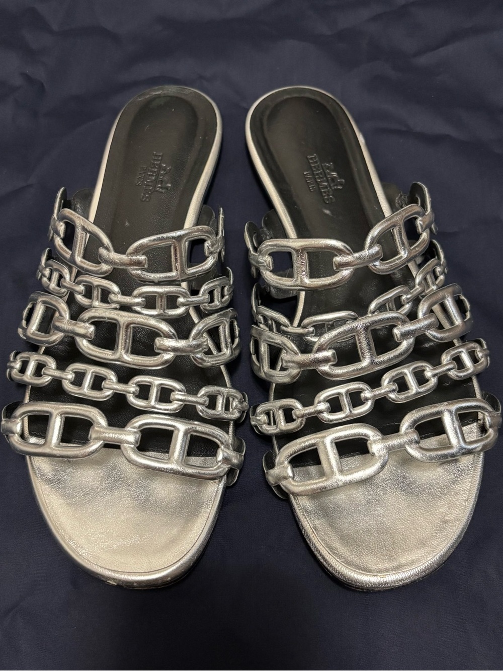 Hermès Chaîne d'Ancre Multiple Strap Sandals Silver Size 38